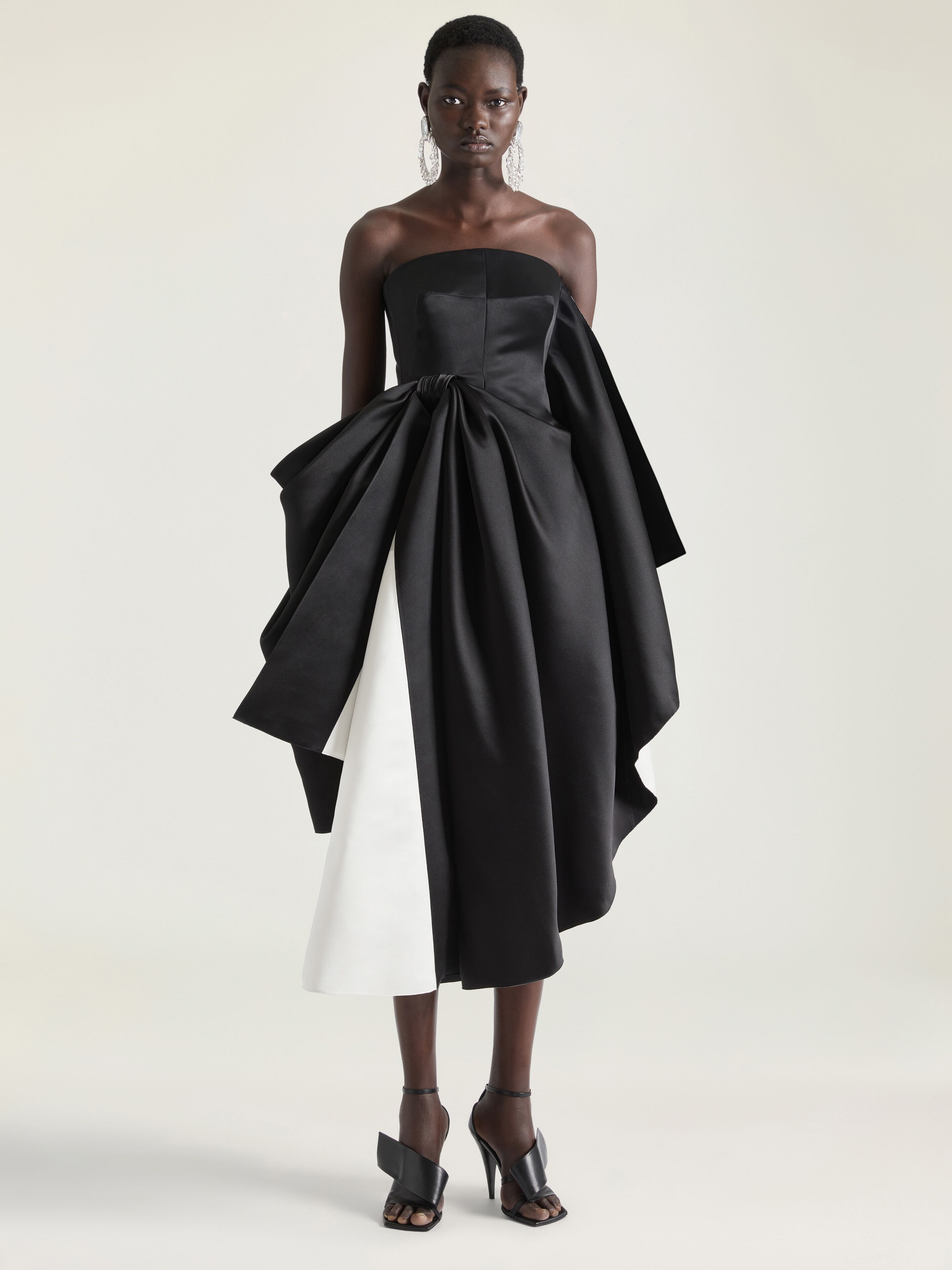 Draped bustier evening dress in satin with bow detail
